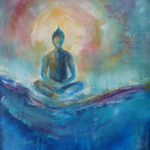 May include: A blue and purple watercolour painting of a meditating figure with a halo of light. The figure is sitting on a blue and white wave-like surface.