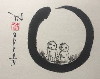 ORIGINAL „Zwei Kodamas in einem ZEN-Kreis (ENSO)“ Japanische Tuschmalerei Sumi e