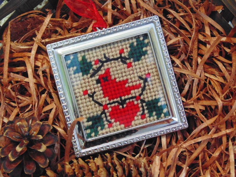 Needlepoint Cardinal Ornament Framed Needlework Christmas Etsy