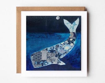 Carte baleine bleue - carte de voeux baleine - art baleine bleue - art baleine signé - mer - art océan - illustration baleine - carte d'anniversaire - pour lui