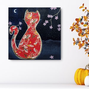 Original Katzen Gemälde - Mixed Media Collage, Kirschblüten Kunst