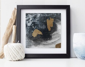 Miniature Abstract Painting: Black, White & Gold Leaf, Framed Original Art