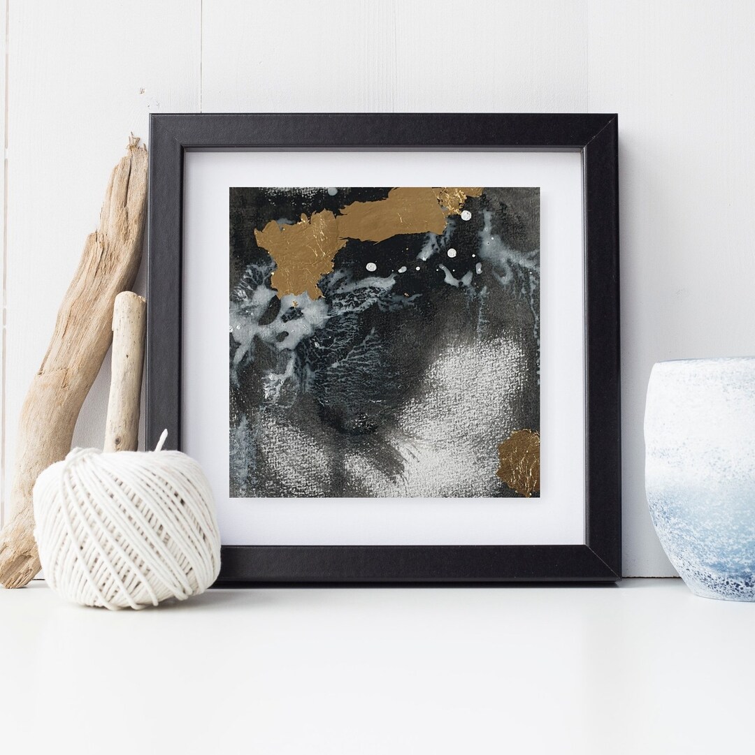 Gold Leaf Black and White Abstract Painting - Framed Contemporary Art ...