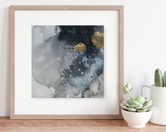 Small Framed Abstract Gold Leaf Painting: Black and White Cosmic Art