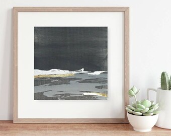 Small abstract Landscape Painting, Black, White & Gold Wall Art