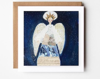 Handmade Angel Christmas Card: Mixed Media Print, Seasons Greetings