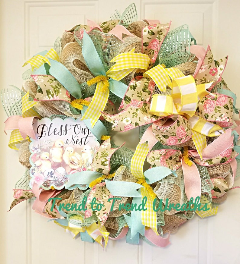 Easter Wreath Bows Easter,Easter Wreath Mesh,Front Door Decor,Easter Decor,Blessed,Blessed Wreath,Best Easter Wreath Easter Wreath Spring
