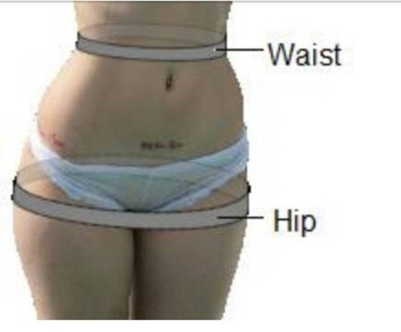 May include: Anatomy diagram showing the waist and hip measurements on a person. The waist is labeled with a line circling the midsection, and the hip is labeled with a line circling the lower torso. The person is wearing white underwear.