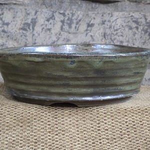May include: A green glazed ceramic bonsai pot with a rounded shape and a slightly flared rim. The pot has a subtle, textured surface and a drainage hole in the bottom.
