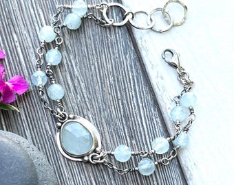 Aquamarine Sterling Silver Layering Bracelet, Adjustable Boho Jewelry