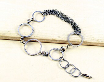 Handmade Oxidized Sterling Silver Multi Chain Bracelet: Geometric Circle Jewelry