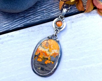 Bumblee bee jasper and orange kyanite pendant in oxidised sterling silver ,pendant in hand forged silver, unique gift in warm summer colours