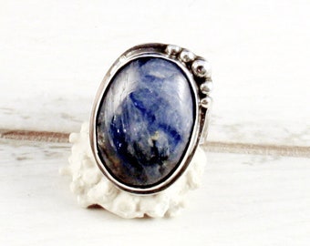 kyanite  ring with sterling silver, unique raw kyanite, semiprecious gemstone ring, big blue ring, oxidized silver,wide textured band