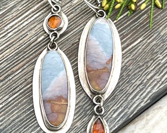 unique handcrafted silver earrings with polychrome jasper and kyanite, mismatched earrings,asymmetrical earrings, natural rare gemstones