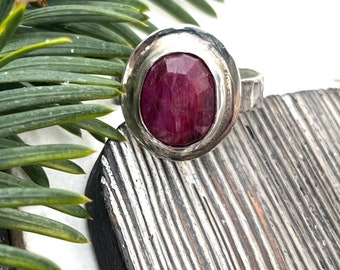 sterling silver ring with faceted ruby, future heirloom, size 8 ring, adjustable ring, timeless ring, minimalist ring, July birthstone