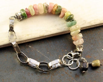 Handcrafted Sterling Silver Tourmaline Bracelet: Raw Chain, October Birthstone