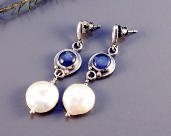 Blue kyanite earrings, raw sterling silver, round pearl earrings, silver stud earrings, casual jewelry, romantic style,chandelier earrings