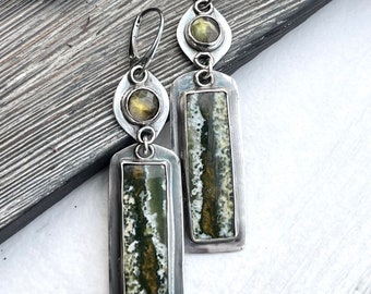 very long dangle earrings with jasper, green stone chandelier earrings, sterling silver, one of a kind earrings, unique  gift for woman