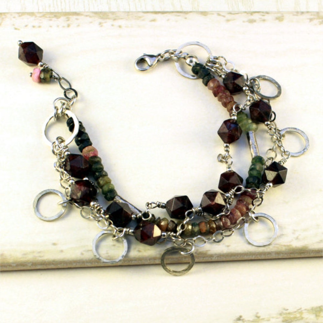 Multi Strand Silver Bracelet With Garnet and Rainbow - Etsy