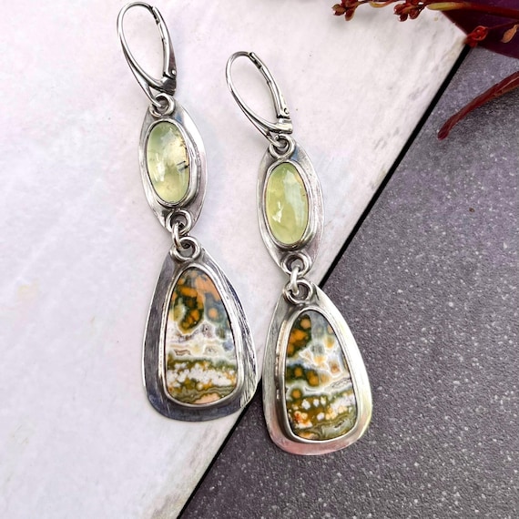 Sterling Silver Dangle Earrings: River Jasper and Prehnite, Artisan Crafted