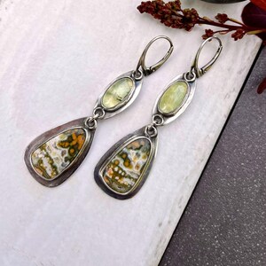 Artisan crafted silver earrings with river jasper and prehnite gemstones
