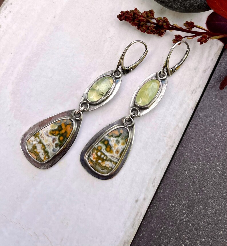 Artisan crafted silver earrings with river jasper and prehnite gemstones