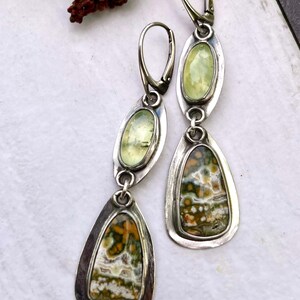 Unique 925 silver dangle earrings featuring river jasper and prehnite, handmade artisan gemstone jewelry, bohemian style