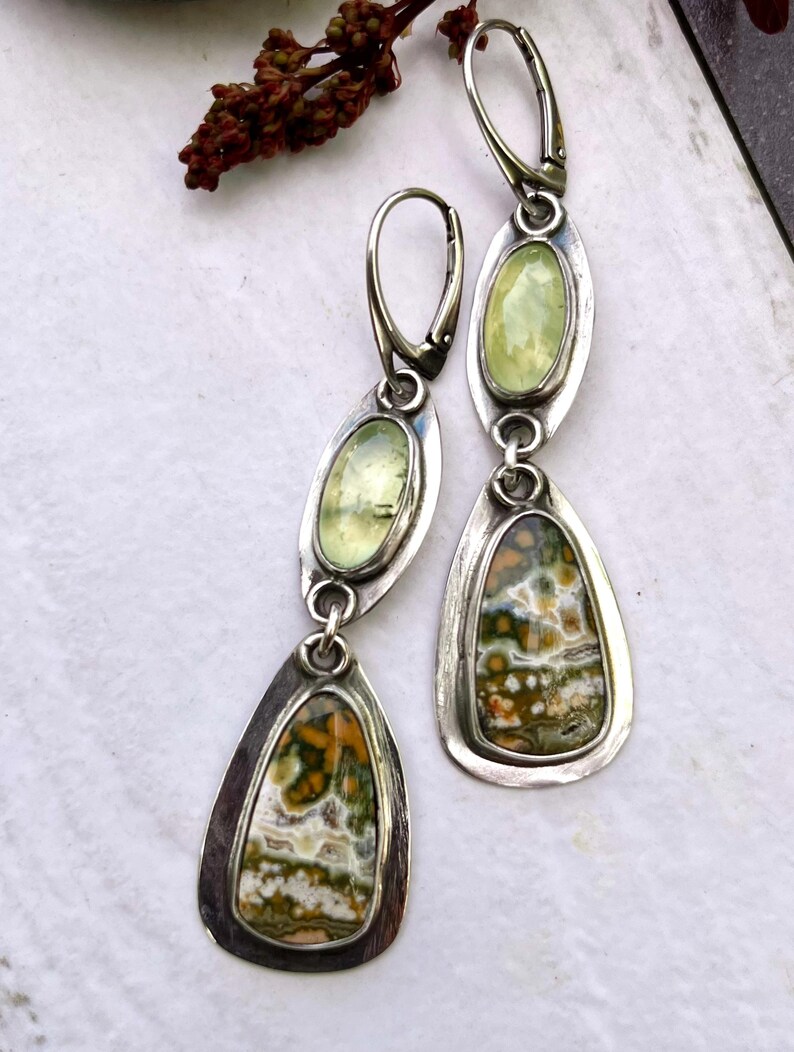 Unique 925 silver dangle earrings featuring river jasper and prehnite, handmade artisan gemstone jewelry, bohemian style