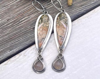 OOAK Jasper  Earrings with quartz charms, Sterling Silver Boho Luxury Dangles, Exclusive Birthday Gift for Her