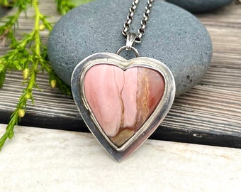 Pink opal heart in oxidized silver, hand forget pendant with silver chain, stone necklace,pink heart, gift for girlfriend, birthday gift