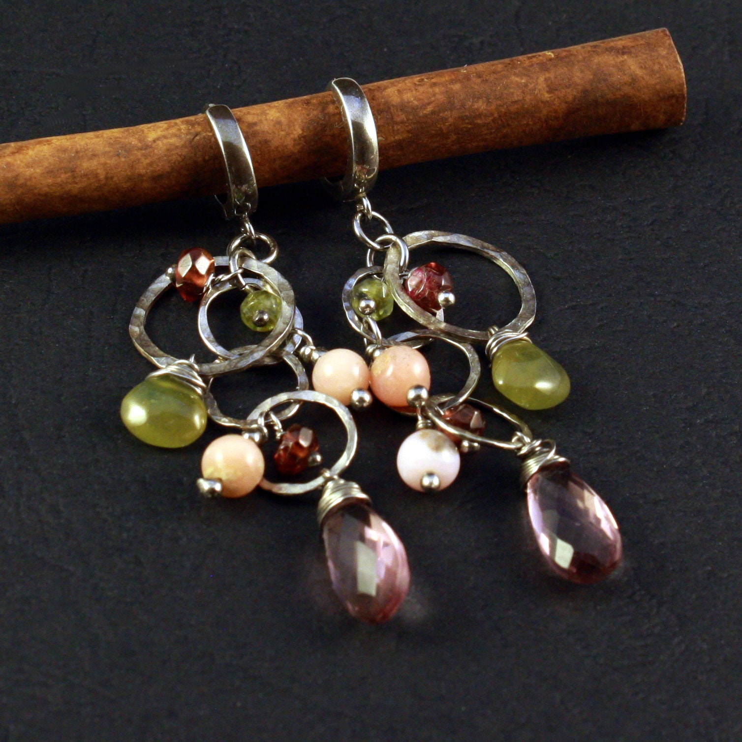 Hammered Silver Earrings With Rainbow Minerals Faceted - Etsy
