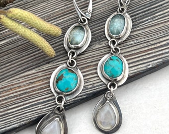 Natural turquoise,  Kyanite  drop earrings,unique post dangle earrings, statement jewelry, triple stone earrings, pastel colors earrings