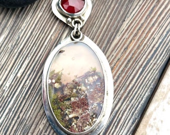 Large scenic moss agate and garnet pendant, 925 sterling silver,artisan handmade pendant with rare stone, silver chain,double stone necklace