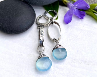 Blue chalcedony and oxidised hand forged sterling silver earrings, hammered silver, chalcedony earrings, simply everyday earrings