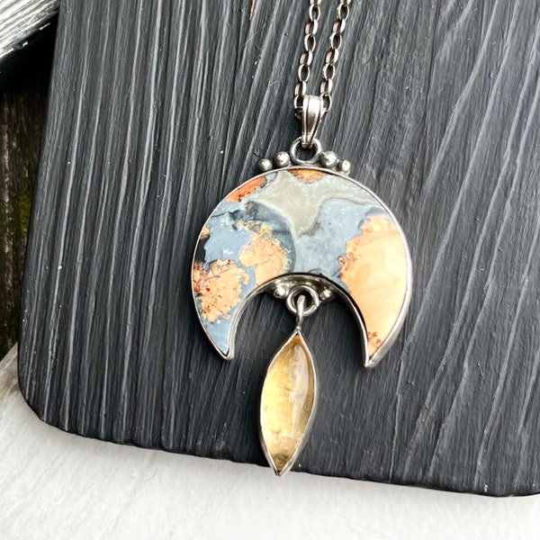 Jasper and citrine statement necklace,One of a Kind bold boho style pendant, sterling silver,lunula talisman with double stone,silver amulet