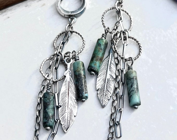 Sterling silver earrings with turquoise, ethnic earrings for woman, silver feather , dreamcatcher earrings, boho silver jewelry, silver hoop