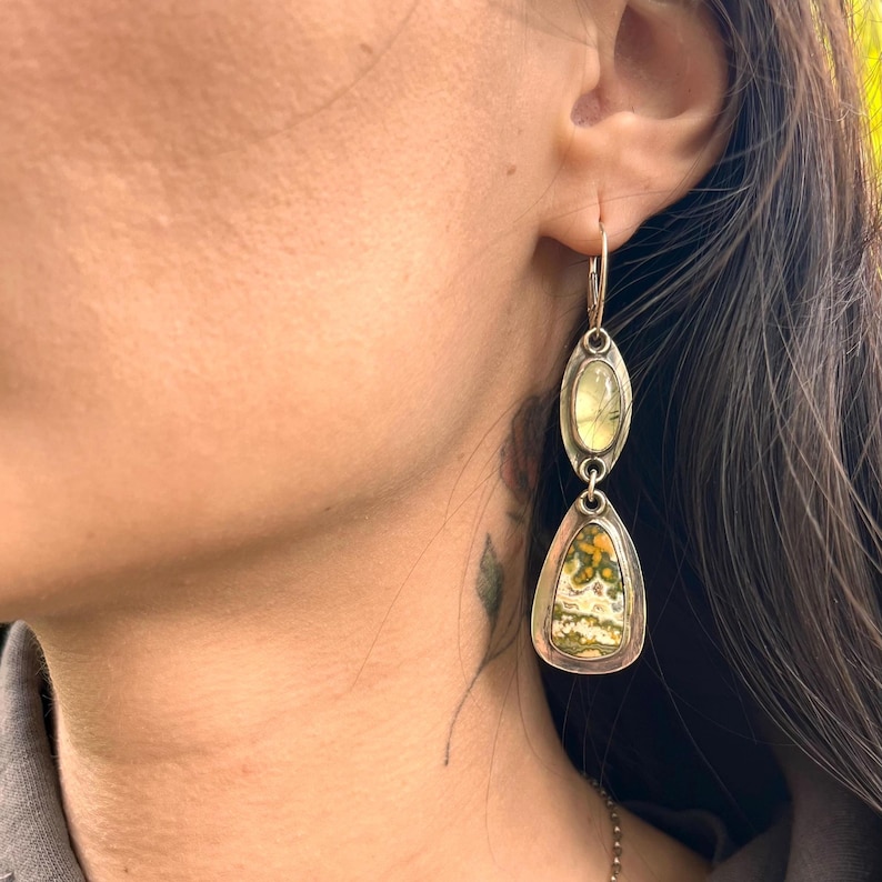 river jasper and prehnite sterling silver drop earrings