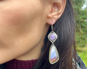 Purple Agate & Lavender Chalcedony Earrings – Duo Gemstone Silver Dangles for Bridesmaids or special occasions
