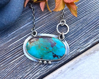 large turquoise necklace in sterling silver, hand forged oxidised silver ,OOAK art jewelry,sterling silver jewelry,natural turquoise pendant