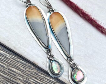 Jasper earrings with mother of pearl charms, sterling silver jewelry for elegant outfit for woman, OOAK southwestern style earrings