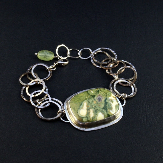 Handmade Rainforest Rhyolite Jasper Bracelet: Oxidized Sterling Silver Chain