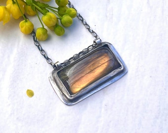 Labradorite silver pendant, natural stone bar pendant in sterling silver setting, gold labradorite pendant in hand forged oxidised silver