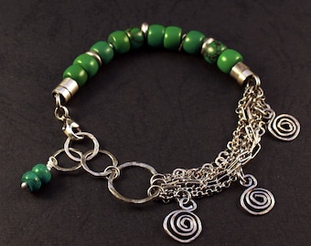Turquoise Sterling Silver Bracelet: Hammered Charms, Bohemian Dangles