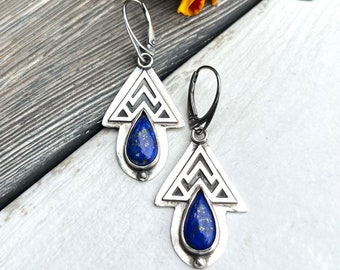 sterling silver earrings with lapis lazuli, rustic earrings, blue stone, modern post dangle earrings, unique jewelry, everyday jewelry