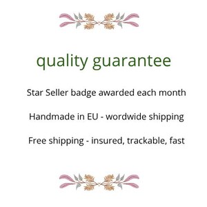 May include: White background with the text "quality guarantee" in green. Below, it states "Star Seller badge awarded each month." The image also includes decorative floral elements in pink, gold, and green.