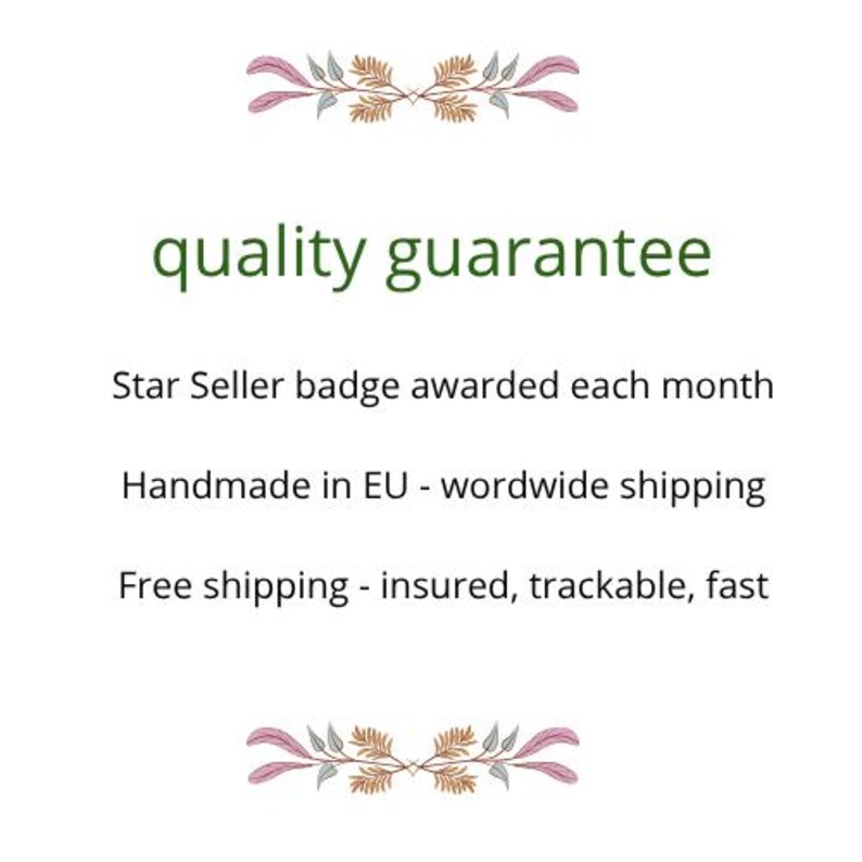 May include: White background with the text "quality guarantee" in green. Below, it states "Star Seller badge awarded each month." The image also includes decorative floral elements in pink, gold, and green.
