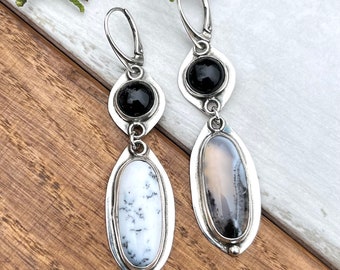 Long evening earrings, sensual dangle earrings, handmade silver jewelry, black and white stone, dendritic agate & black onyx,  OOAK Jewelry