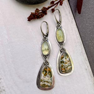 Boho earrings with natural river jasper and prehnite, handcrafted sterling silver artisan jewelry, unique gemstone gift for women