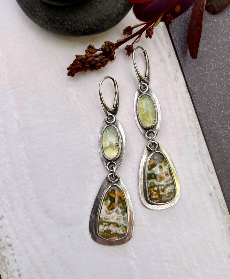 Boho earrings with natural river jasper and prehnite, handcrafted sterling silver artisan jewelry, unique gemstone gift for women