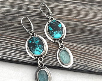 Turquoise earrings with blue kyanite, hand forget sterling silver,silver 925,unique gift for woman,silversmith artisan jewelry,natural stone